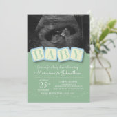 Baby Shower Blocks Boy Kariert Ultrasound Foto Inv Einladung (Stehend Vorderseite)