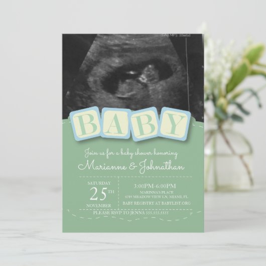 Baby Shower Blocks Boy Kariert Ultrasound Foto Inv Einladung (Stehend Vorderseite)