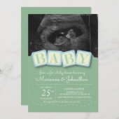 Baby Shower Blocks Boy Kariert Ultrasound Foto Inv Einladung (Vorne/Hinten)