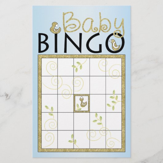 Baby Shower Blue BINGO "Gold Birds" Flyer (Vorne)
