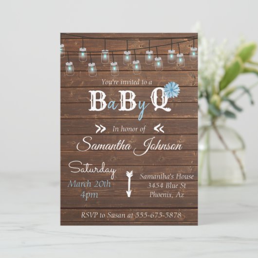 Baby Shower Blue Boy Party GRILLEN Rustic Wood Einladung (Stehend Vorderseite)
