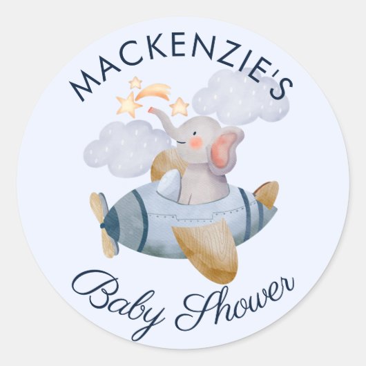 Baby Shower Blue Boy's Elephant Flugzeug Classic R Runder Aufkleber (Vorderseite)