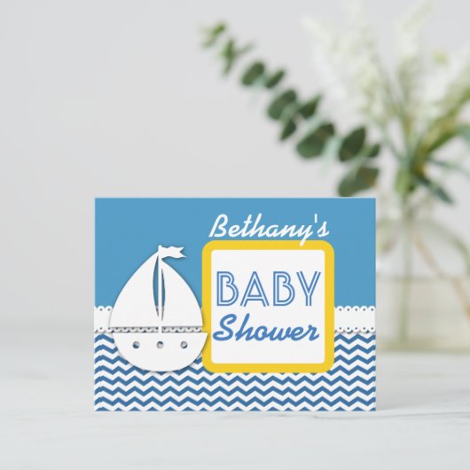 BABY SHOWER Blue Chevrons and Sailboat for Boy A01 Ankündigungspostkarte (Stehend Vorderseite)
