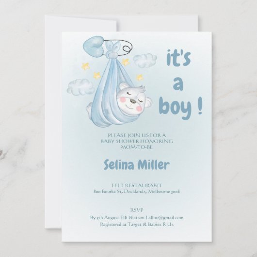 Baby-Shower-Blue-Einladung Einladung (Vorderseite)