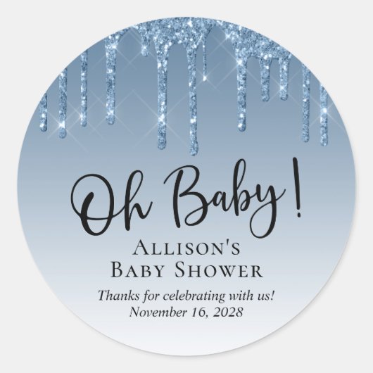 Baby Shower Blue Glitzer Vielen Dank Runder Aufkleber (Vorderseite)