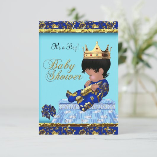 Baby Shower Blue Gold Boy Prinz Einladung (Stehend Vorderseite)