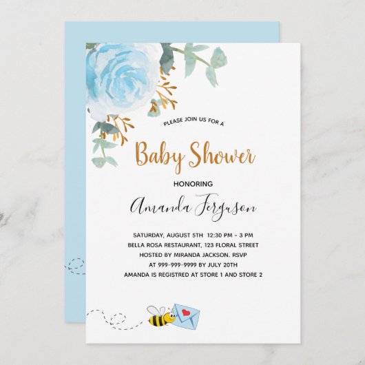 Baby Shower Blue Hummel Blumenjungen Einladung (Vorne/Hinten)