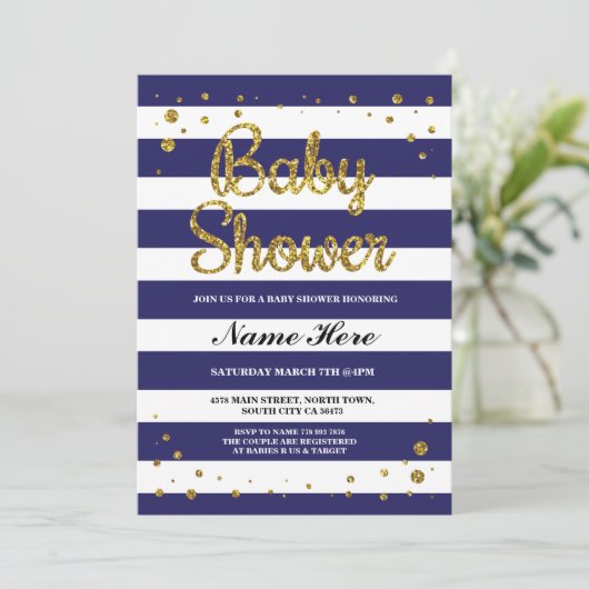 Baby Shower Blue Navy Strip Gold Glitzer laden Einladung (Stehend Vorderseite)
