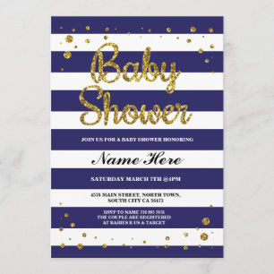 Baby Shower Blue Navy Strip Gold Glitzer laden Einladung