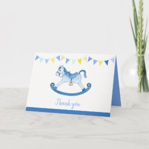 Baby shower blue rocking horse watercolor art karte