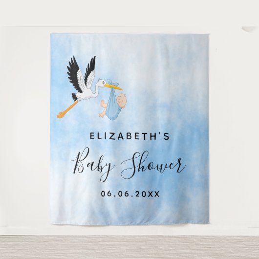 Baby Shower Blue Storch Junge niedlich Wandteppich (Vorderseite)