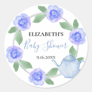 Baby Shower Blue Teapot Floral Baby Boy wird braue Runder Aufkleber