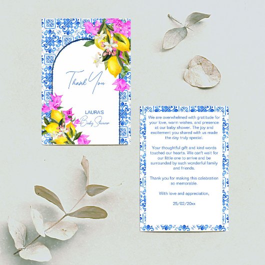 Baby Shower Blue Tiles Lemons bougainvillea Dankeskarte