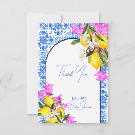 Baby Shower Blue Tiles Lemons bougainvillea Dankeskarte (Vorderseite)
