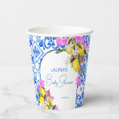 Baby Shower Blue Tiles Lemons bougainvillea Pappbecher (Rückseite)