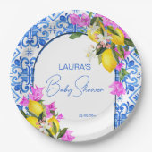Baby Shower Blue Tiles Lemons bougainvillea Pappteller (Vorderseite)