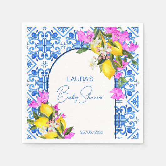 Baby Shower Blue Tiles Lemons bougainvillea Serviette (Vorderseite)