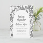 BABY SHOWER Blumenbogen Grau Blume Muster CUSTOM Einladung (Stehend Vorderseite)