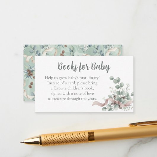 Baby Shower Book Request - Eucalyptus Ribbon Begleitkarte (Vorderseite/Rückseite Beispiel)