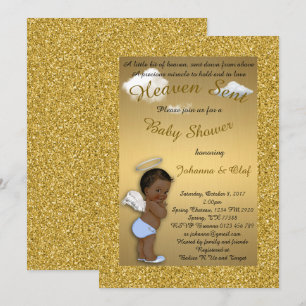Baby Shower Boy, Afro American, Baby Angel, Gold Einladung