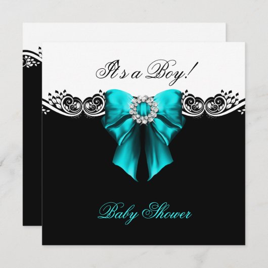 Baby Shower Boy Aquamarin Blue Schwarz-weiß Einladung (Vorne/Hinten)