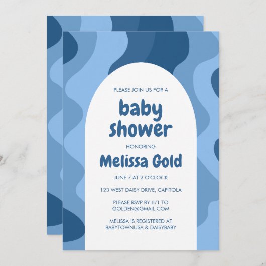 BABY SHOWER BOY Arch Groovy Blue Streifen CUSTOM Einladung (Vorne/Hinten)