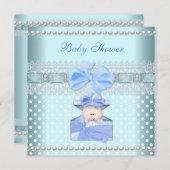 Baby Shower Boy Baby Blue Gift Pearl Lace Spot Einladung (Vorne/Hinten)