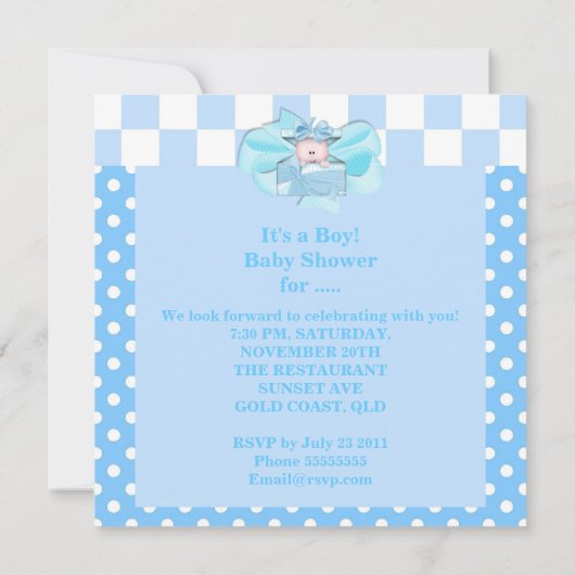 Baby Shower Boy Baby Blue White Polka Dots Karo Einladung (Rückseite)