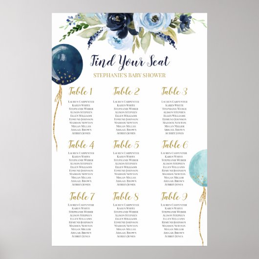 Baby Shower Boy Balloons Sitzplan Poster (Vorne)