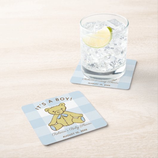 Baby Shower Boy Bär mit Name und Datum Rechteckiger Pappuntersetzer (Vor Ort)
