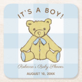 Baby Shower Boy Bär mit Name und Datum Rechteckiger Pappuntersetzer (Vorderseite)