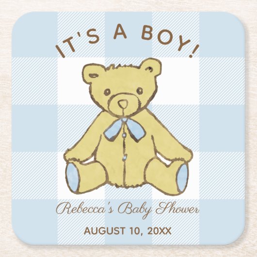 Baby Shower Boy Bär mit Name und Datum Rechteckiger Pappuntersetzer (Vorderseite)