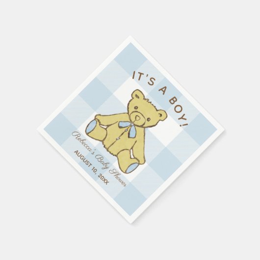 Baby Shower Boy Bär mit Name und Datum Serviette (Ecke)