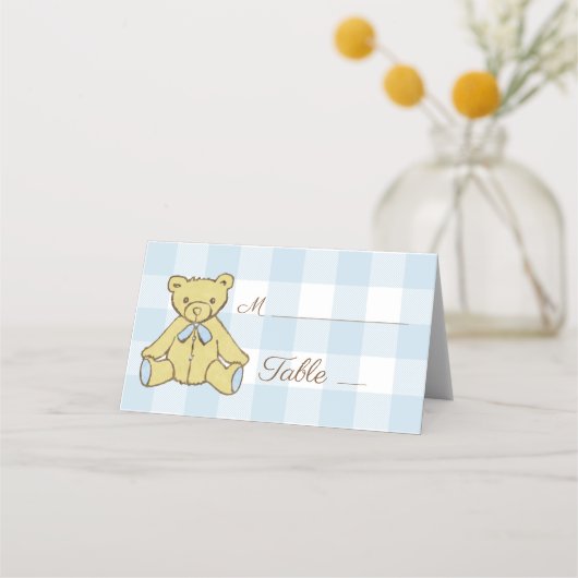 Baby Shower Boy Bear Blue White Kariert Platzkarte (Vorderseite)
