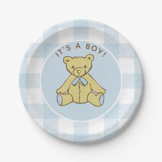 Baby Shower Boy Bear mit Blue Buffalo Karo Pappteller (Vorderseite)