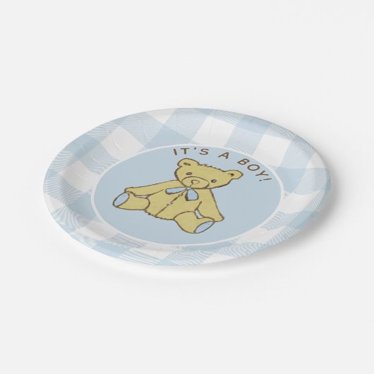 Baby Shower Boy Bear mit Blue Buffalo Karo Pappteller (Schrägansicht)