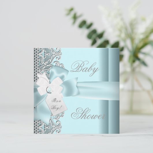 Baby Shower Boy Blue Aquamarin Grau White Lace Einladung (Stehend Vorderseite)