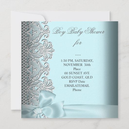 Baby Shower Boy Blue Aquamarin Grau White Lace Einladung (Rückseite)