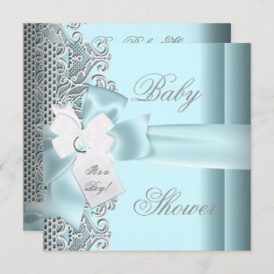 Baby Shower Boy Blue Aquamarin Grau White Lace Einladung