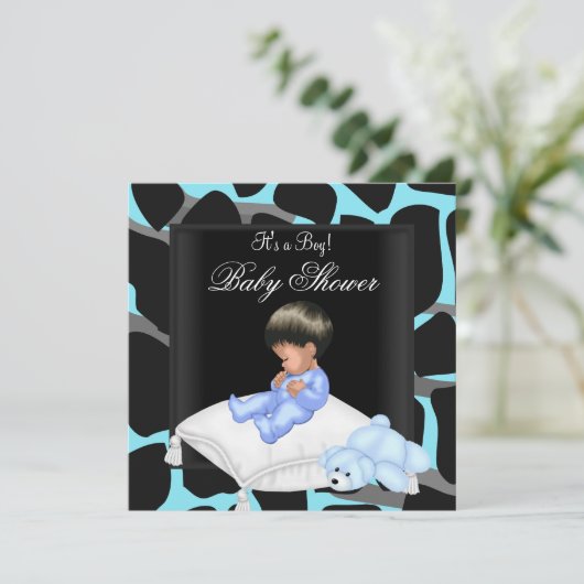 Baby Shower Boy Blue Black Animal Print Einladung (Stehend Vorderseite)
