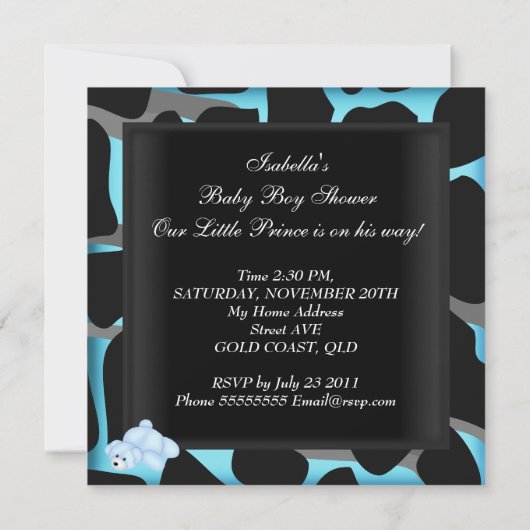 Baby Shower Boy Blue Black Animal Print Einladung (Rückseite)