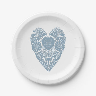 Baby shower boy blue folk flower heart Paper Plate Pappteller