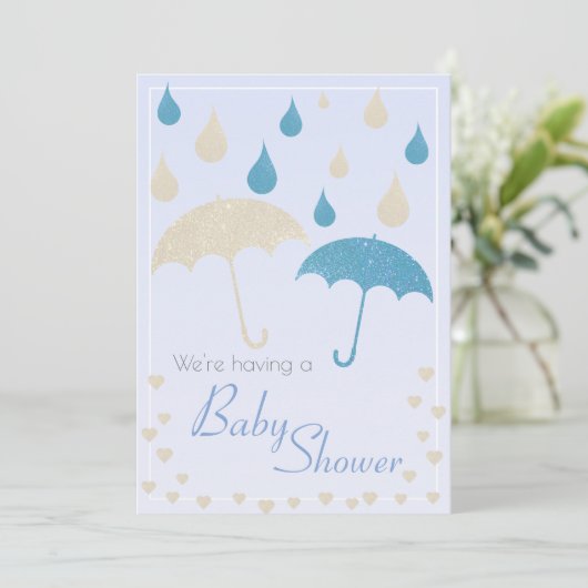 Baby Shower Boy Blue Gradient Glitzer Umbrellas Einladung (Stehend Vorderseite)