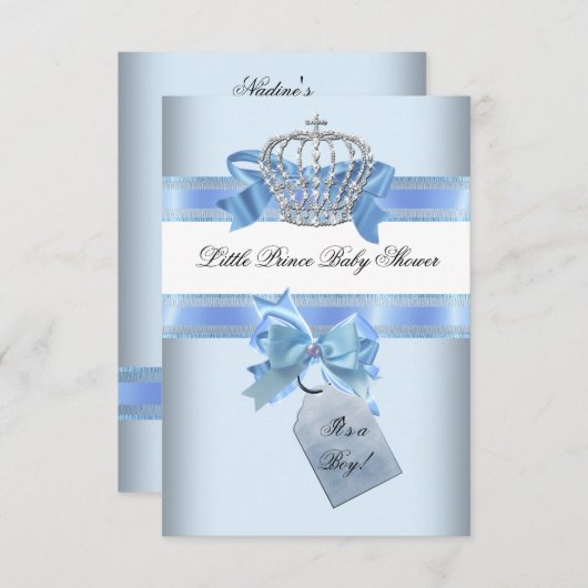 Baby Shower Boy Blue Little Prince Crown bow sml Einladung (Vorne/Hinten)