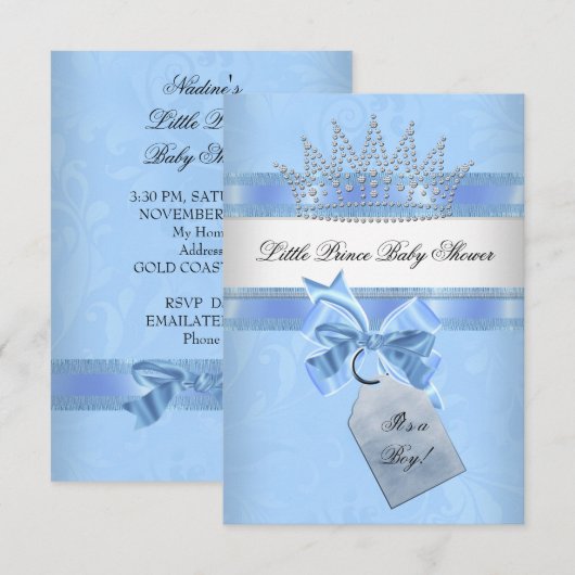 Baby Shower Boy Blue Little Prince Crown Damask Einladung (Vorne/Hinten)