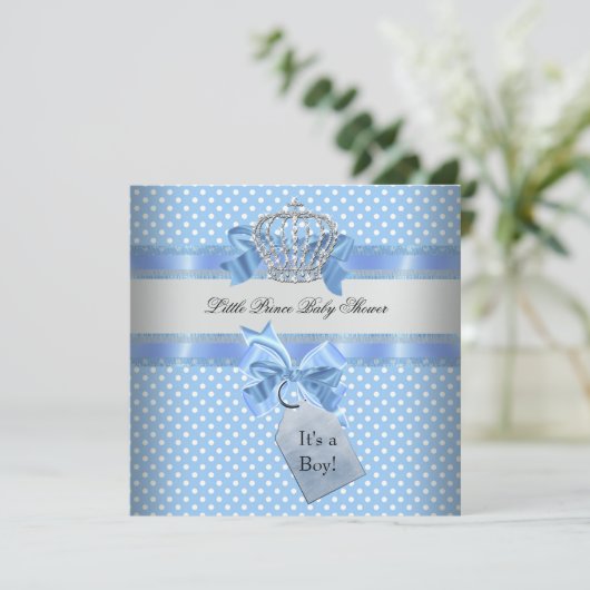 Baby Shower Boy Blue Little Prince Crown Einladung (Stehend Vorderseite)
