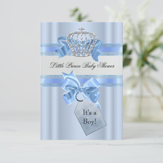 Baby Shower Boy Blue Little Prince Crown SML Einladung (Stehend Vorderseite)