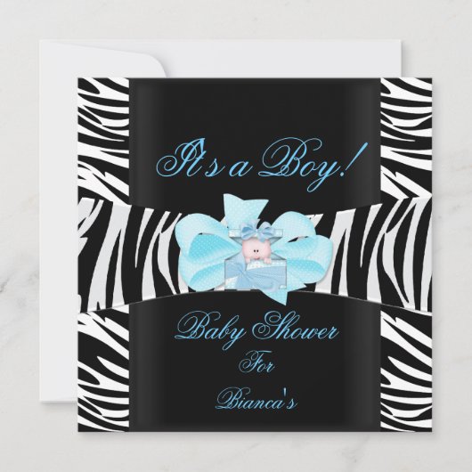 Baby Shower Boy Blue Schwarz-weiß Zebra Print Einladung (Vorderseite)