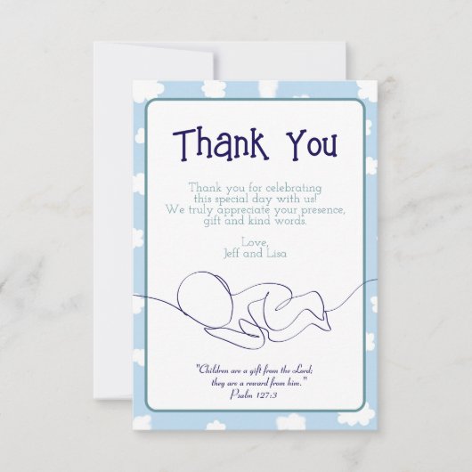 Baby Shower Boy Blue Sky Wolken und Bible Verse Dankeskarte (Vorderseite)