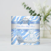 Baby Shower Boy Blue Zebra Prince Crown Teddy Bear Einladung (Stehend Vorderseite)
